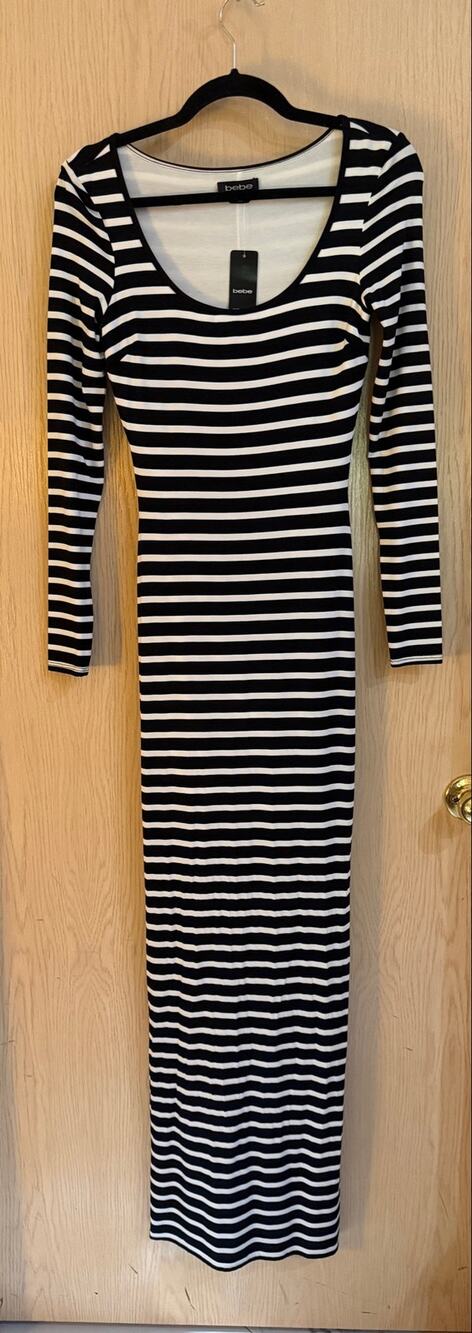 bebe NWT Black White Stripe Long Sleeve Bodycon Maxi Dress XS Made USA